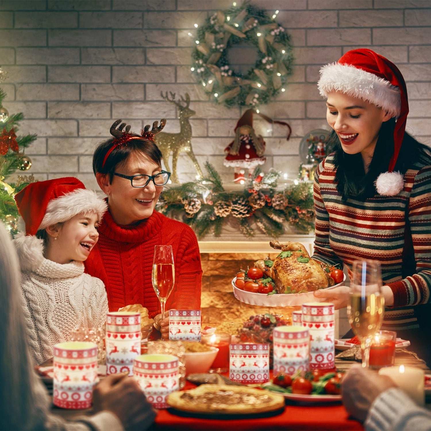 Family celebrating Christmas dinner with Christmas flameless LED candles on the table.