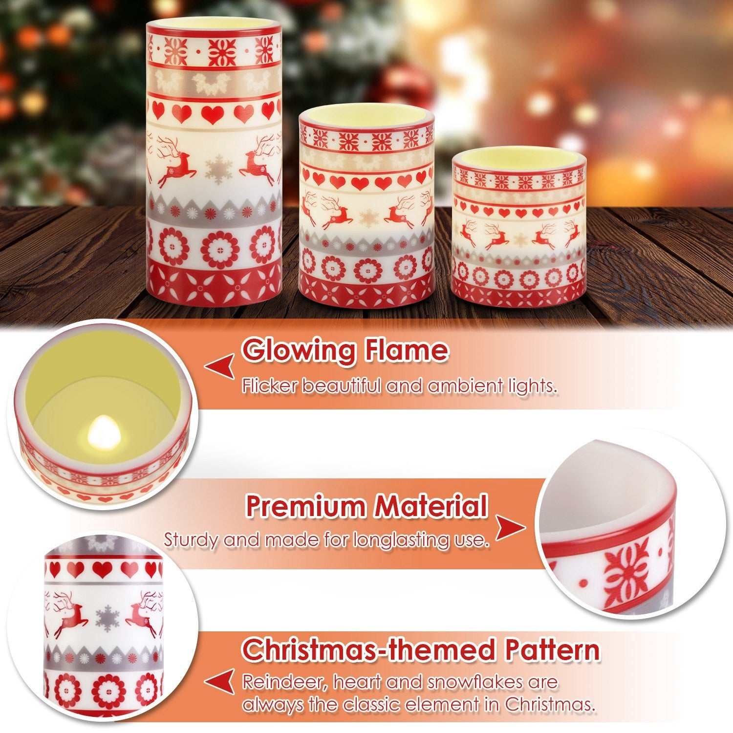 Christmas flameless LED candles featuring glowing flame and Christmas-themed patterns, including reindeer and snowflakes.