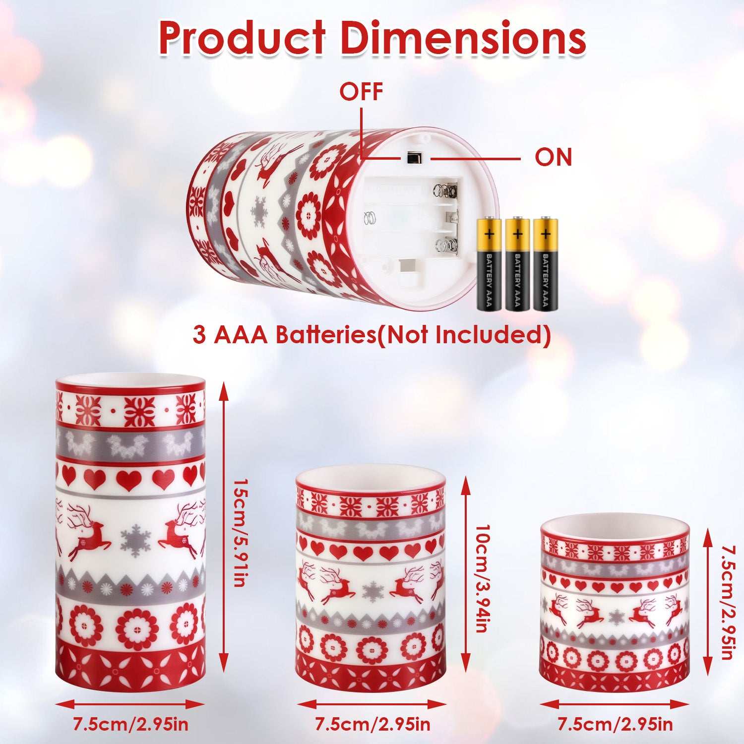 Product dimensions of Christmas flameless LED candles with decorative patterns, battery-operated, showing sizes in centimeters and inches.