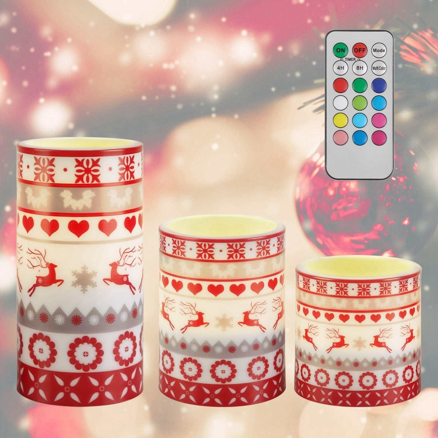 Christmas flameless LED candles in festive designs with remote control, perfect for holiday décor.