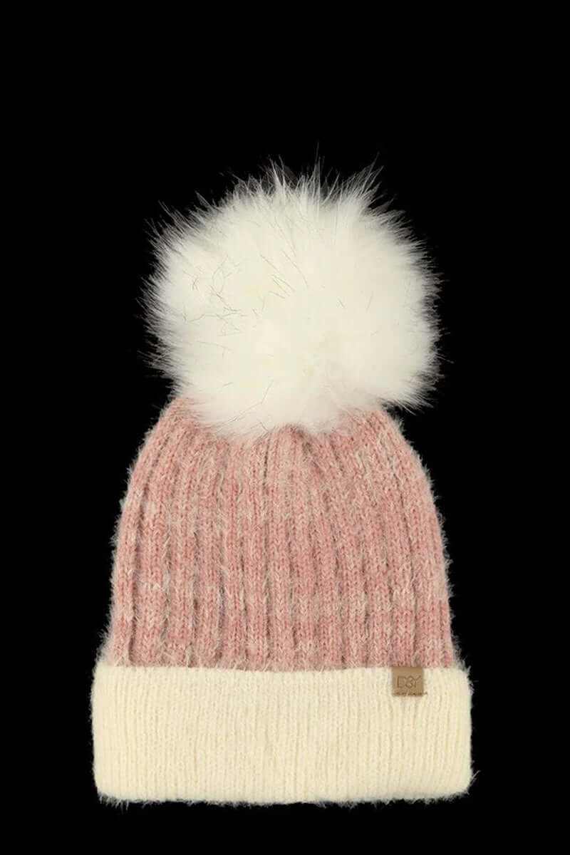 Chunky knit faux fur pom beanie in pink with a fluffy white pom, perfect for cozy winter style.