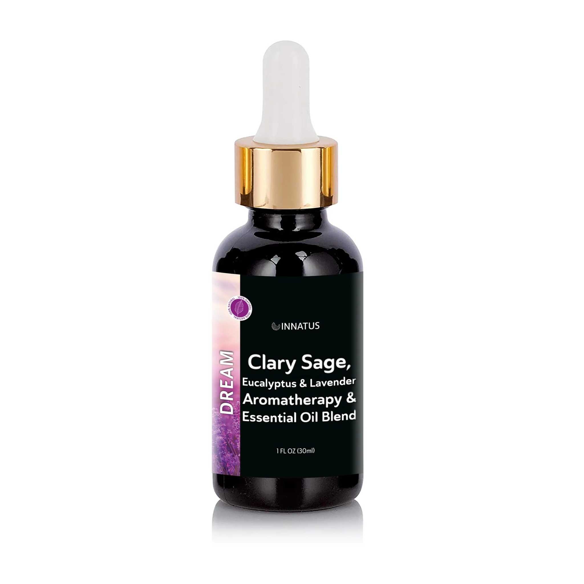Aromatherapy oil blend with Clary Sage, Eucalyptus & Lavender for a calming self-care experience.