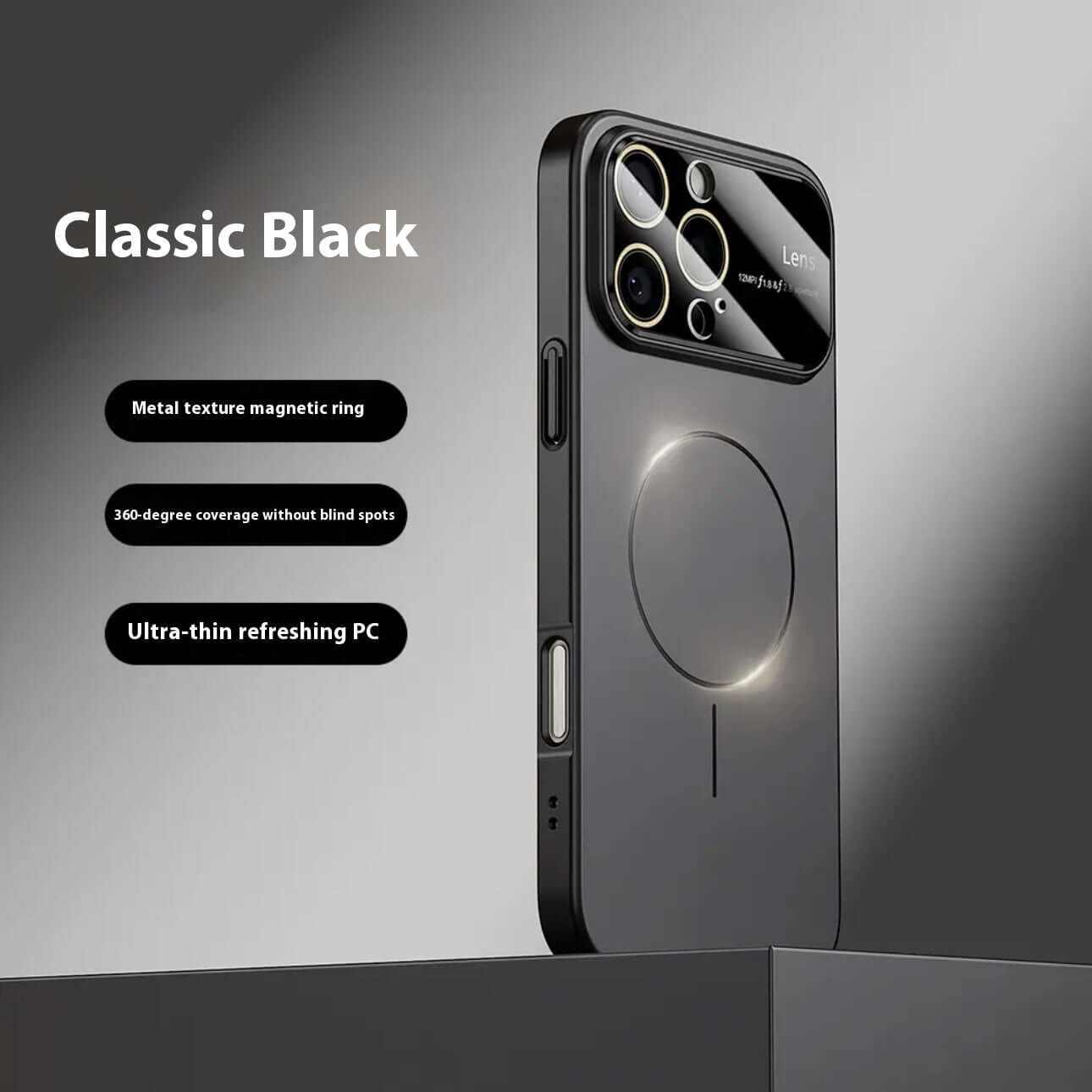 Magnetic drop-resistant phone case in classic black with metal texture, ultra-thin design, and 360-degree coverage.