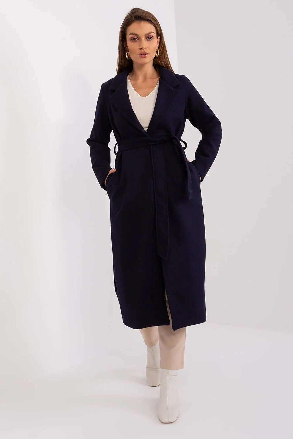 Model wearing a long navy Classic Wool Blend Coat with a tie, showcasing a stylish and versatile winter outerwear option.