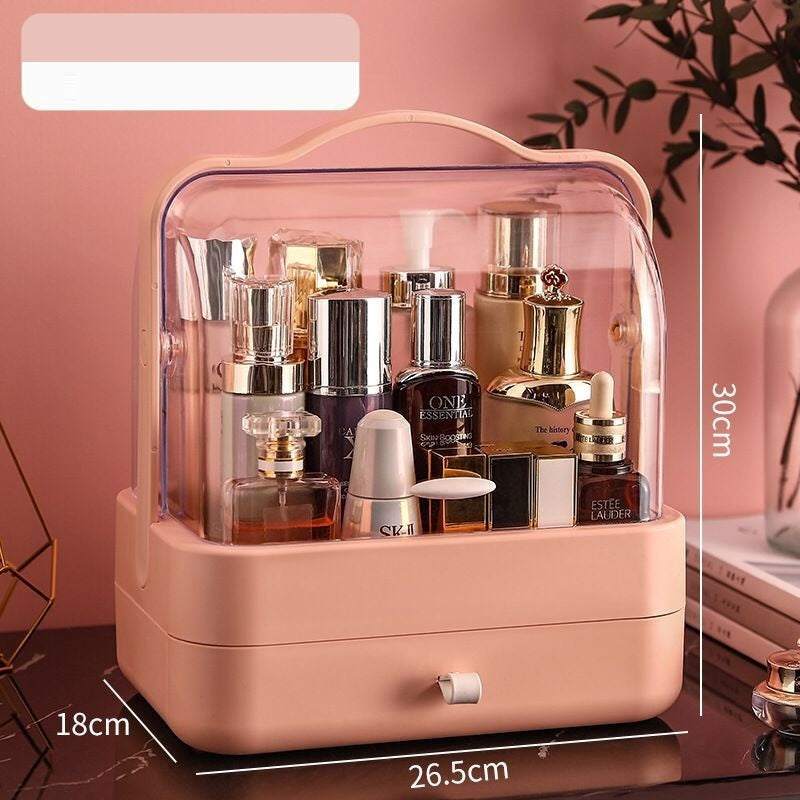 Clear and compact desktop makeup organizer with dustproof transparent cover and pink base for cosmetics storage