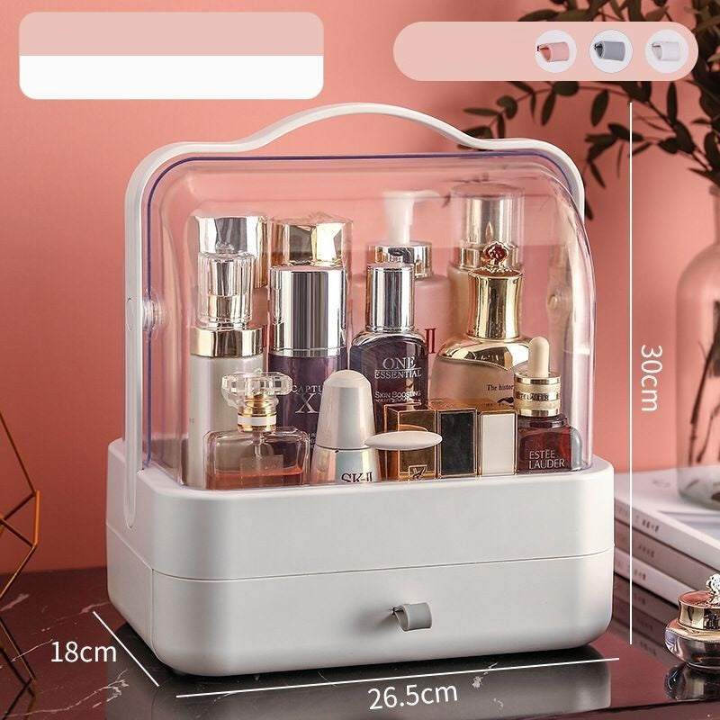 Clear and compact desktop makeup organizer with transparent cover and white base, 26.5x18x30cm, dustproof plastic storage box for cosmetics.