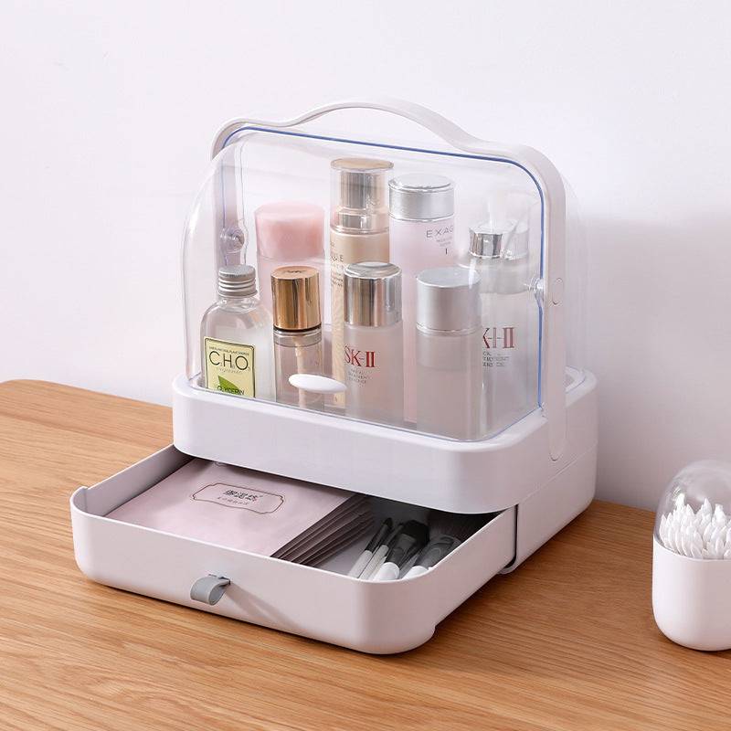 Clear and compact desktop makeup organizer with clear cover and drawer for cosmetics storage on wooden table