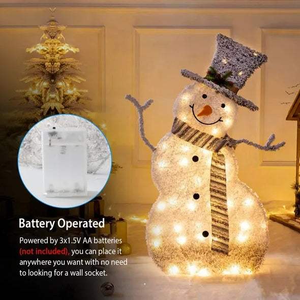 Collapsible LED Christmas snowman decoration with warm white lights and battery operation, perfect for festive indoor or outdoor holiday décor.