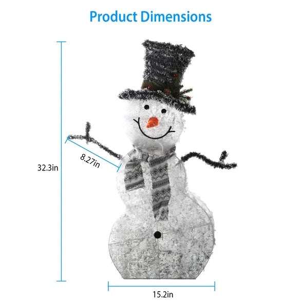 Collapsible LED Christmas snowman decoration with soft warm white lights and festive top hat and scarf.