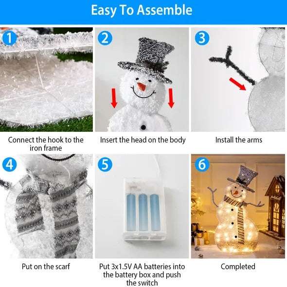 collapsible LED Christmas snowman decoration easy assembly steps with warm white lights