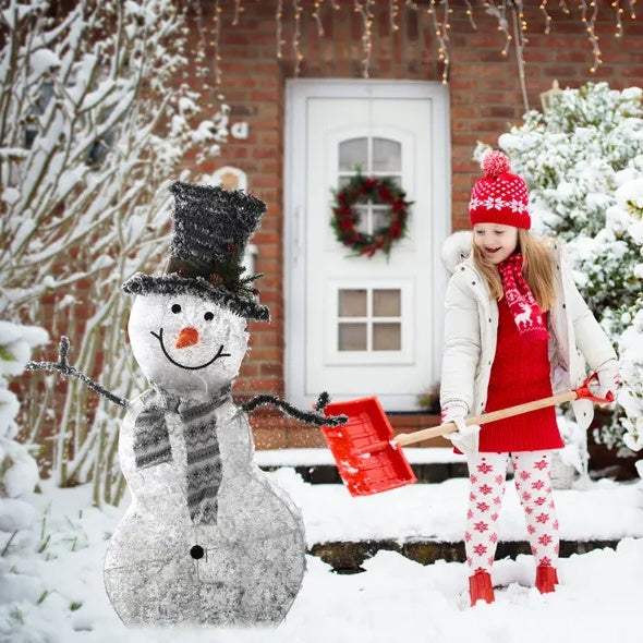 collapsible LED Christmas snowman decoration with warm white lights in snowy outdoor setting