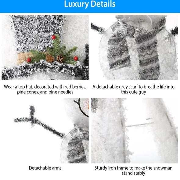 Collapsible LED Christmas snowman decoration with warm white lights, top hat, red berries, detachable scarf and arms, sturdy iron frame.