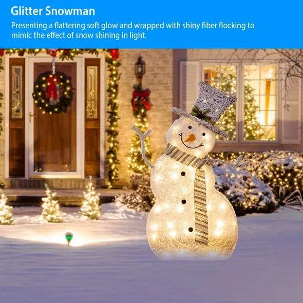 Collapsible LED Christmas snowman decoration with soft warm glow and glitter fiber flocking for festive outdoor display