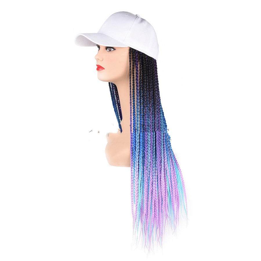 White cap with long straight colorful braided hair rope wig on mannequin head