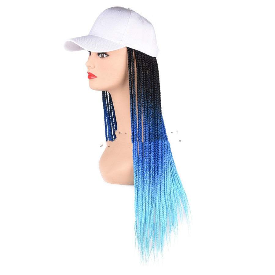 White cap with color braided hair rope wig in ombre blue shades