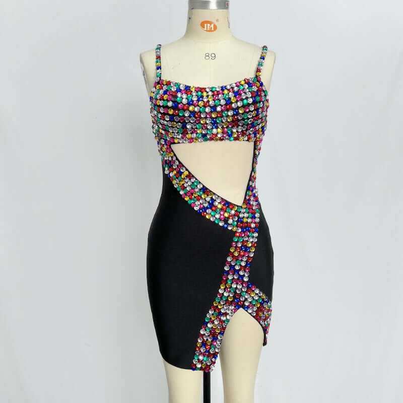 Colorful bead-embellished black bandage one-piece dress, featuring cut-out details and a playful design for women.