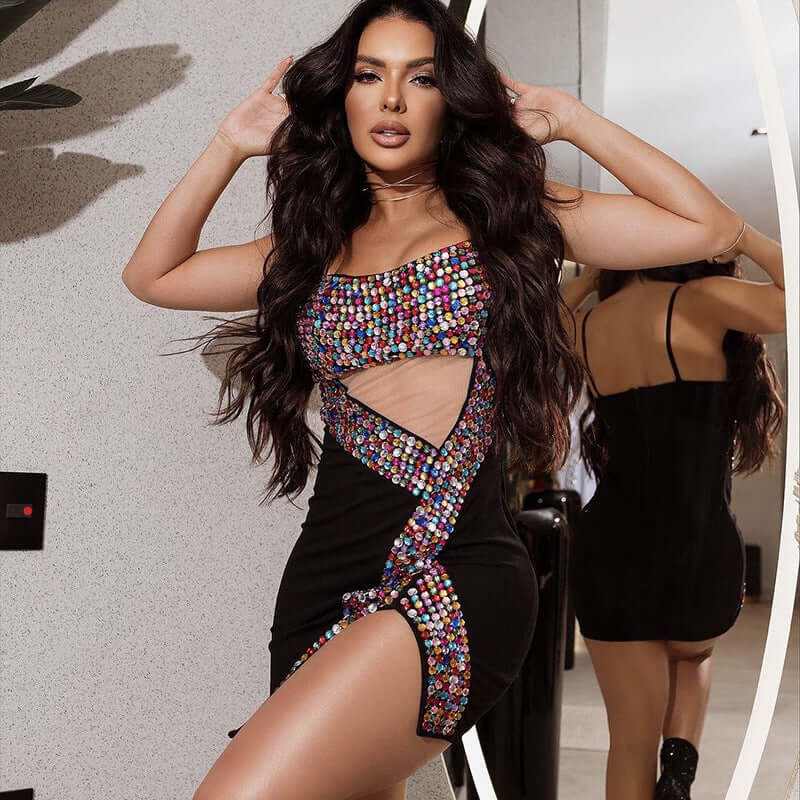 Colorful beaded bandage one-piece dress for women, stylish night clothes, featuring a vibrant design and sleek silhouette.
