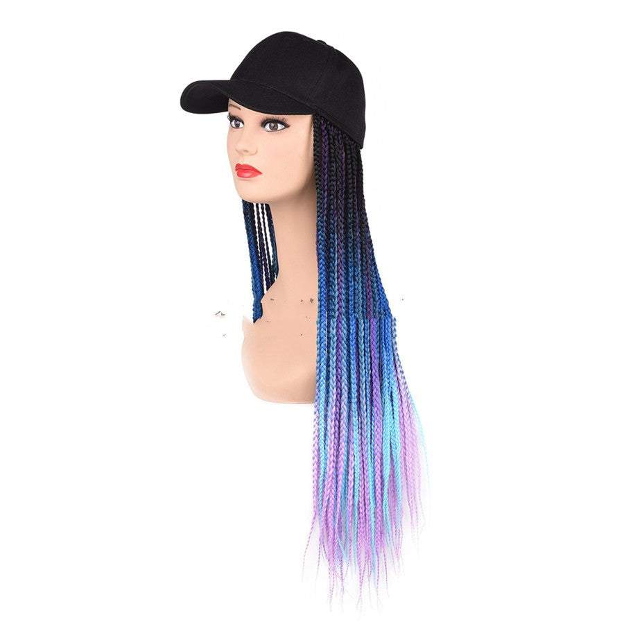 Black cap with long colorful braided hair ropes in shades of blue and purple on mannequin head