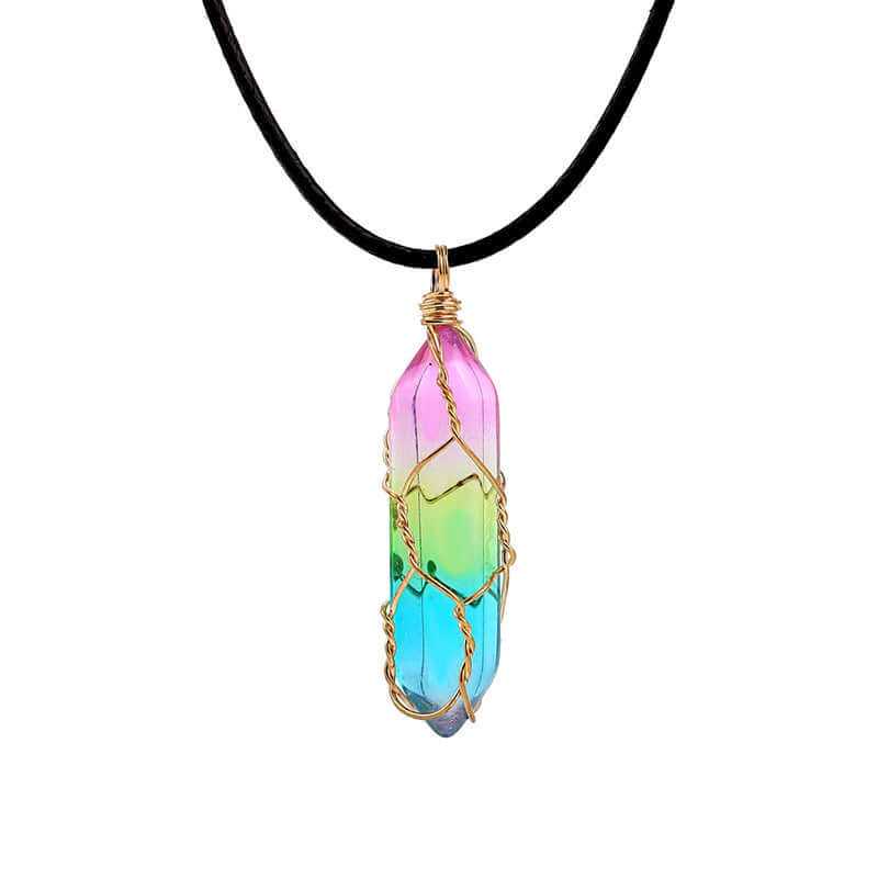 Colorful geometric crystal pendant on a black cord necklace, featuring a pink, blue, and green gradient design.