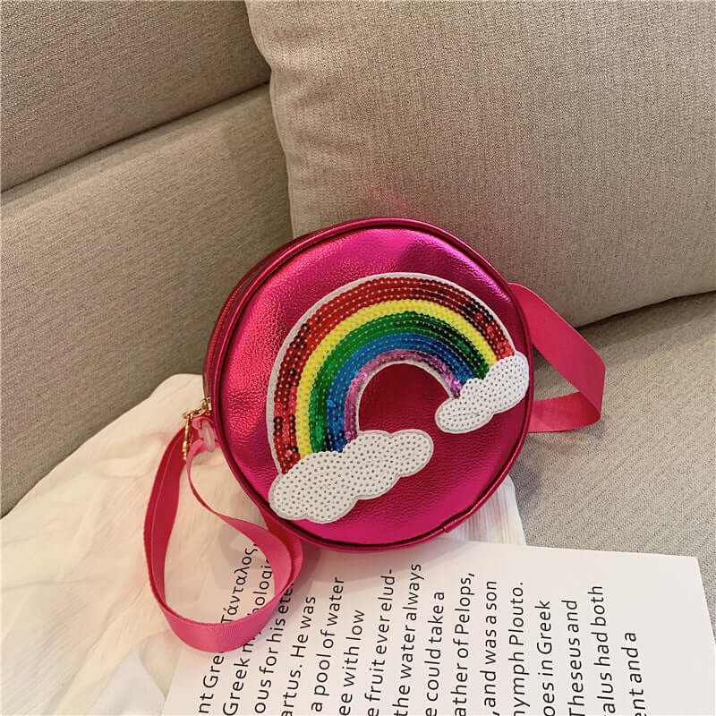 Cute colorful girls shoulder bag purse with rainbow design in pink, perfect for urban simplicity style.