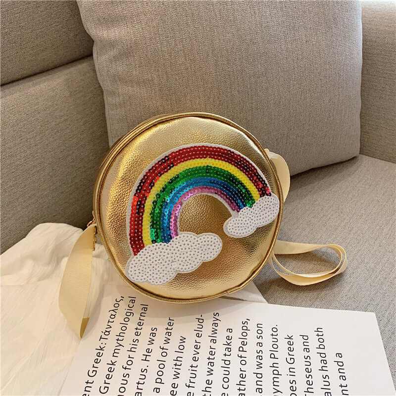 Cute colorful round shoulder bag with rainbow design and clouds, perfect for girls and urban simplicity.
