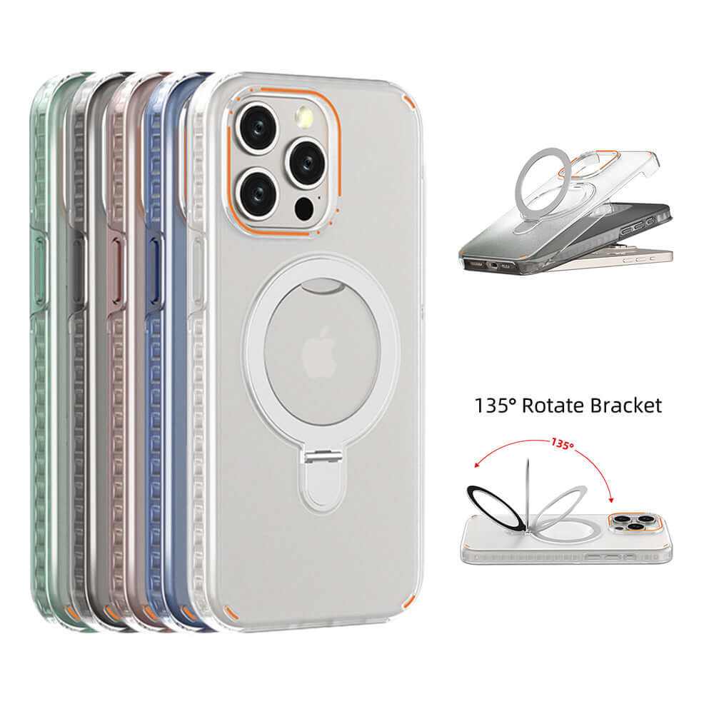 Colorful magnetic bracket phone case with holder stand for MagSafe, shown in multiple colors, highlighting 135° rotation feature.