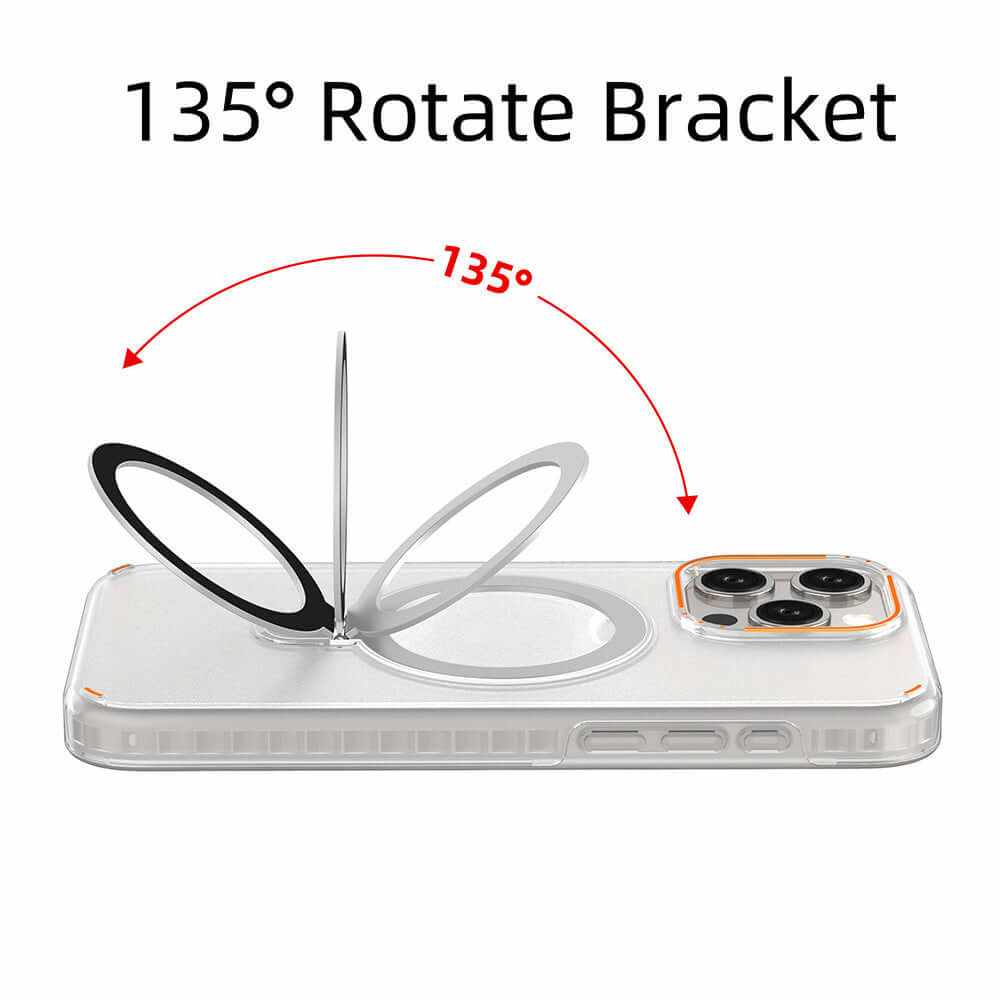 135° rotating bracket on a transparent phone case, showcasing flexibility and functionality.