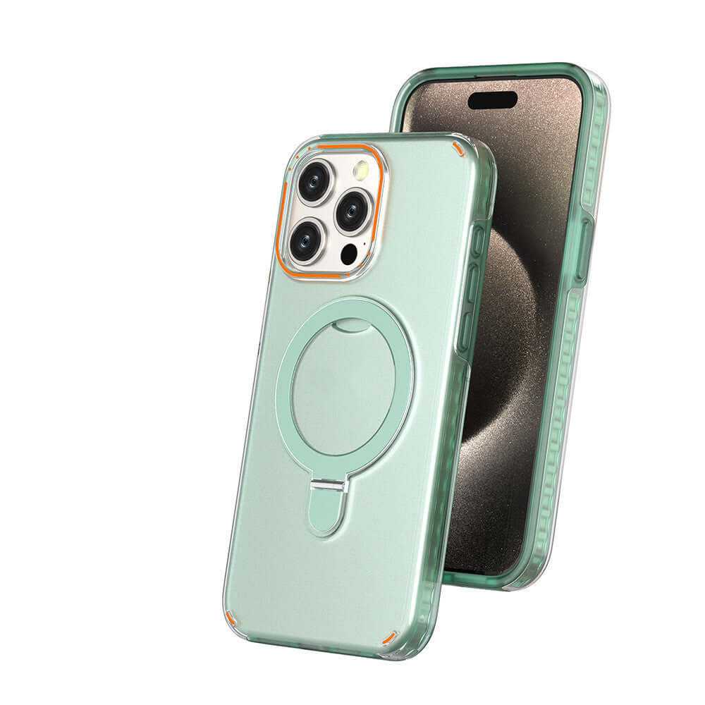 Transparent green magnetic phone case with built-in holder and charger-friendly design for iPhone.