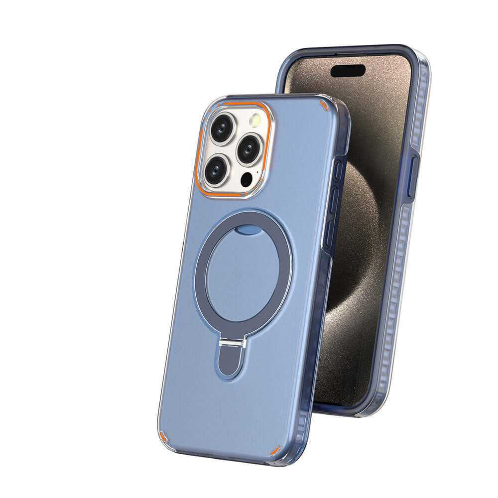 Colorful magnetic bracket phone case for MagSafe, featuring a holder stand and transparent design.