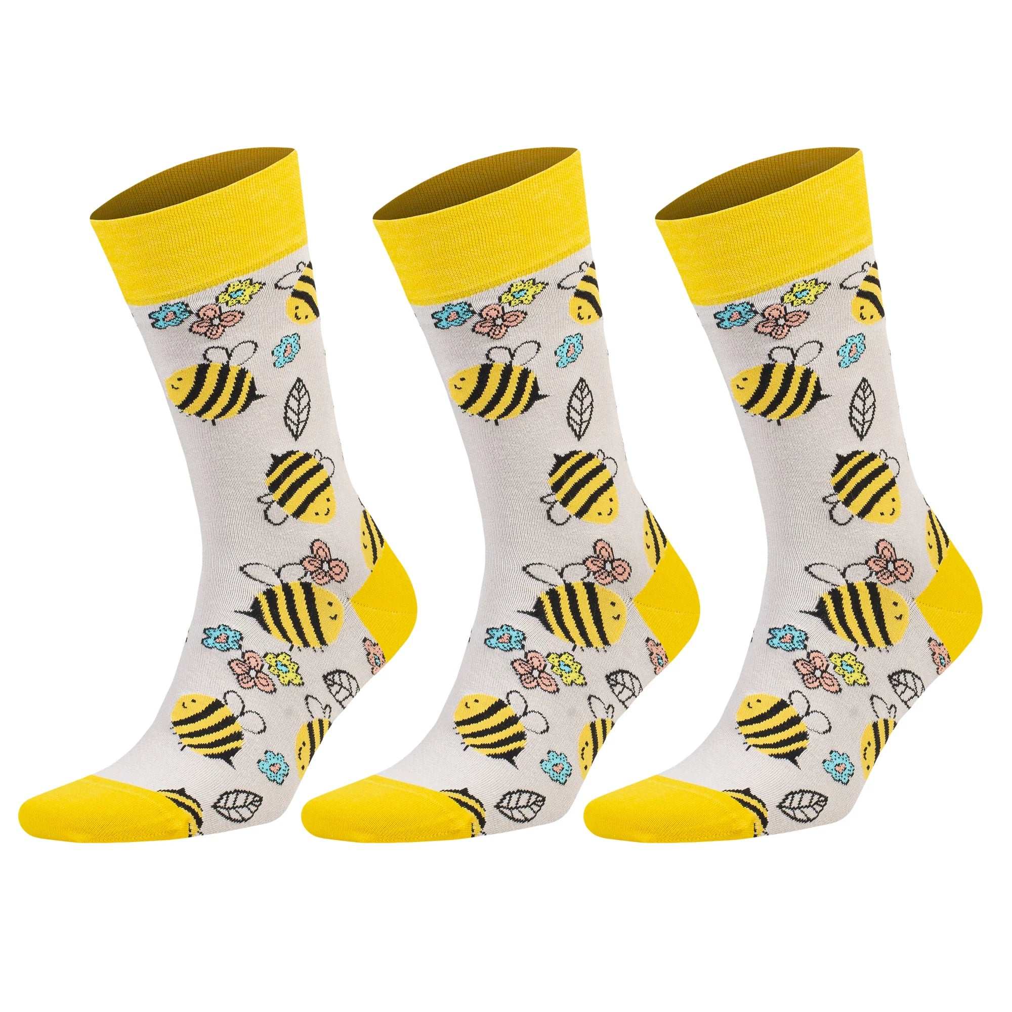 Colorful novelty crew socks featuring playful bee and floral patterns in yellow and gray shades.