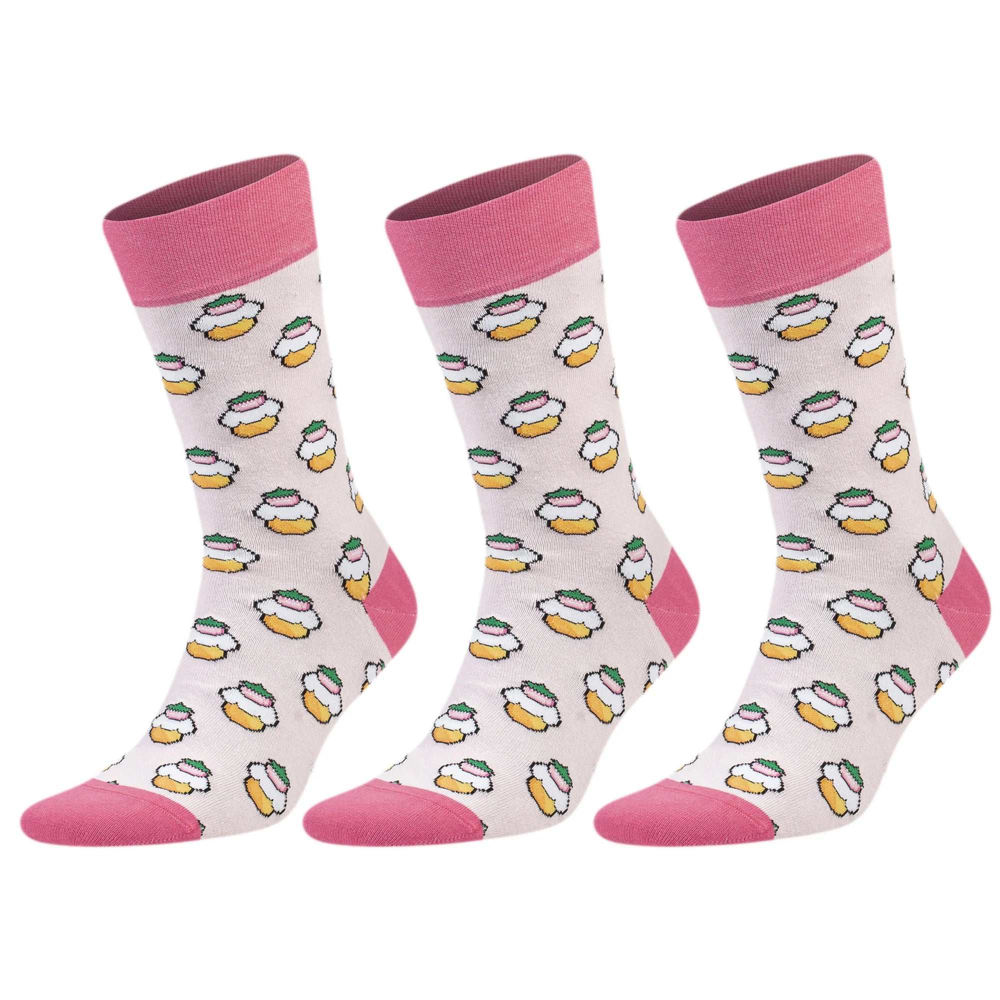 Colorful novelty crew socks featuring burger patterns, perfect for fun and stylish outfits, suitable for men and women.