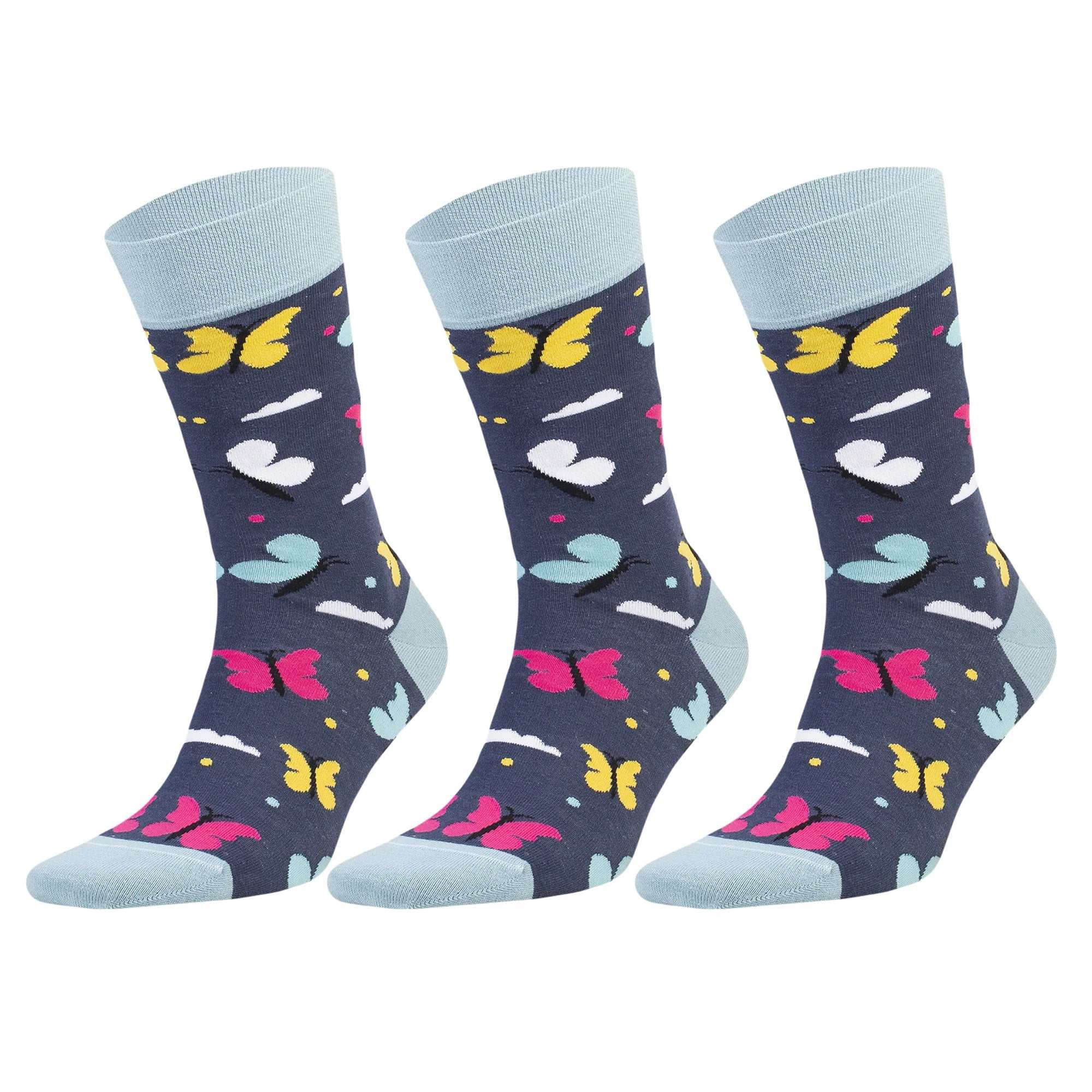 Colorful novelty crew socks featuring butterfly patterns on a navy background, perfect for men and women.