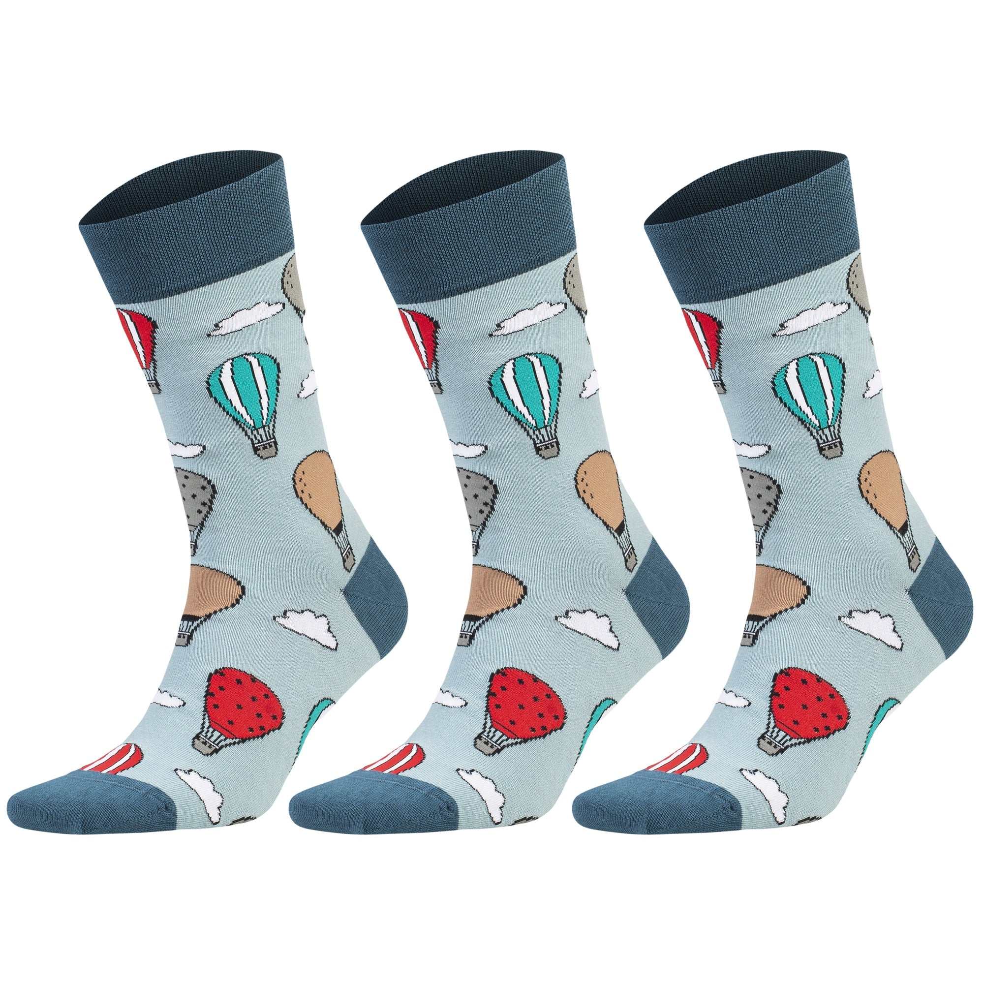 Colorful crew socks featuring hot air balloons and strawberries, perfect for men and women, ideal for fun and funky outfits.