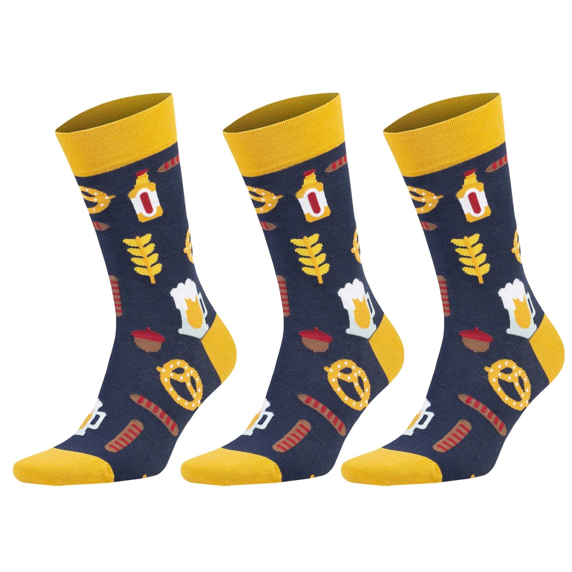 Three pairs of colorful novelty crew socks with food and drink patterns, ideal for fun and casual wear.