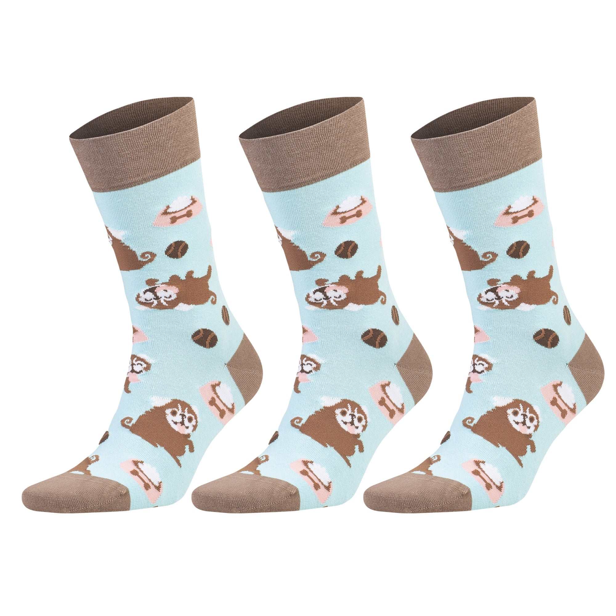 3 pairs of colorful novelty crew socks featuring playful dog patterns on a light blue background.