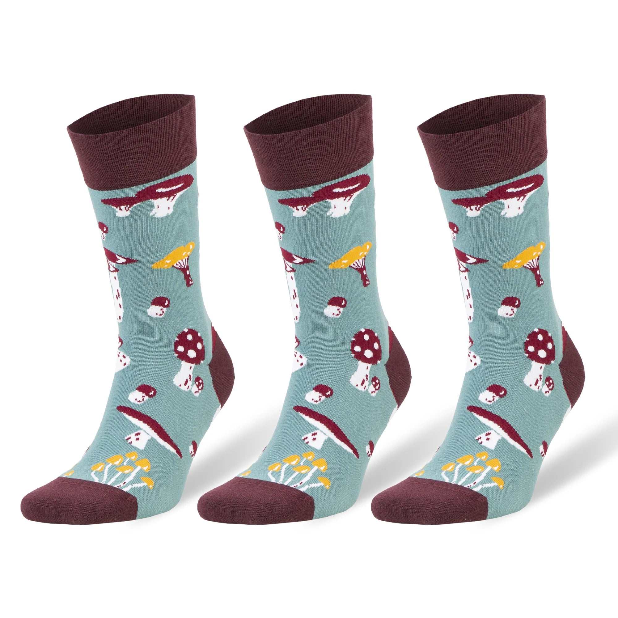 Set of 3 pairs colorful novelty crew socks featuring vibrant mushroom patterns for men and women.