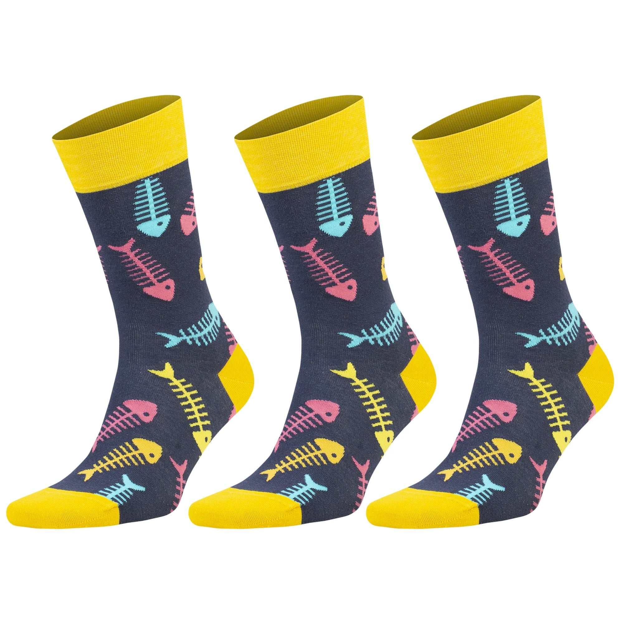 Three pairs of colorful crew socks featuring playful fish bone patterns on a dark background.
