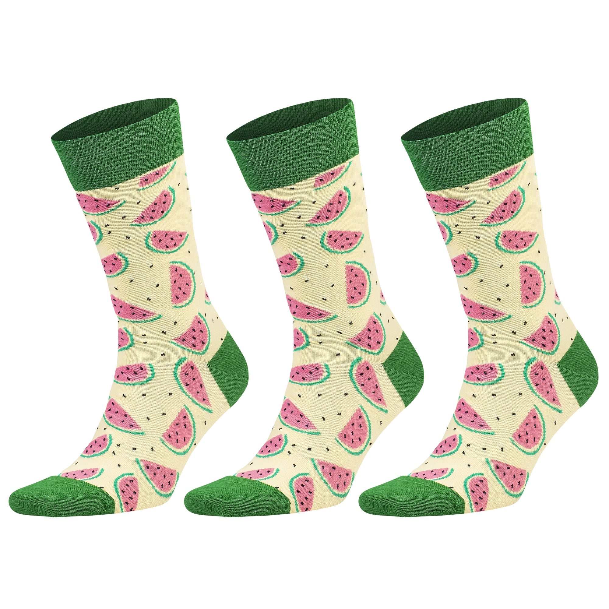 Colorful novelty crew socks featuring watermelon patterns, perfect for men and women’s fun and stylish outfits.