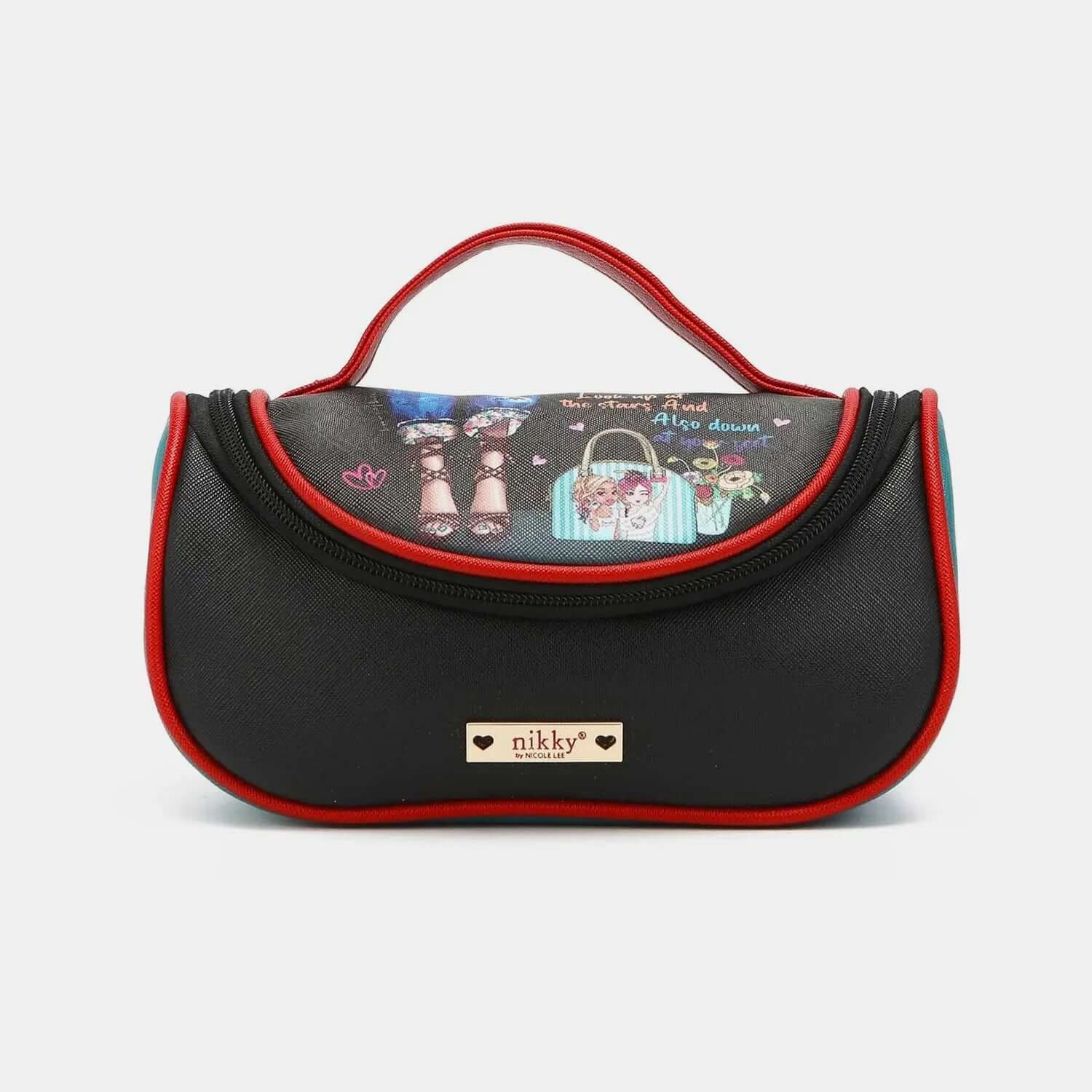 Nicole Lee USA Nikky Contrast black and red vegan leather makeup bag with handle and graphic design