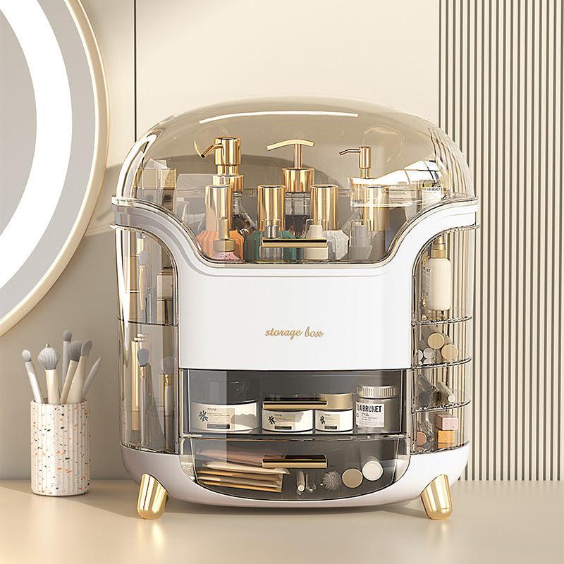 PremiumSense cosmetic storage organizer with transparent dome cover, gold accent feet, and multiple compartments for skincare and makeup.