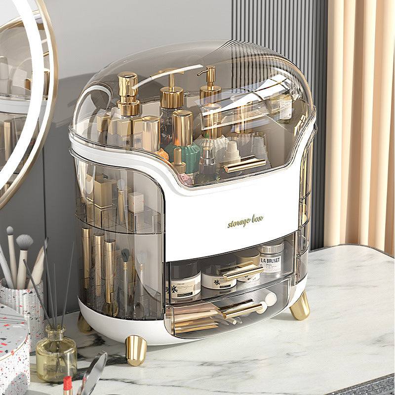 Premium plastic cosmetic storage box with transparent lids and multiple compartments for skincare and makeup organization on desktop