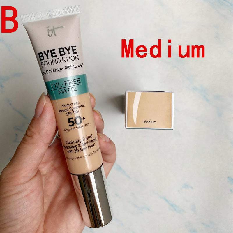 Matte oil-free liquid foundation tube with medium shade swatch and SPF 50+ sunscreen label