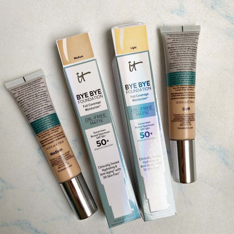Matte oil-free liquid foundation tubes with packaging in light and medium shades, SPF 50+ sunscreen, full coverage moisturizer.