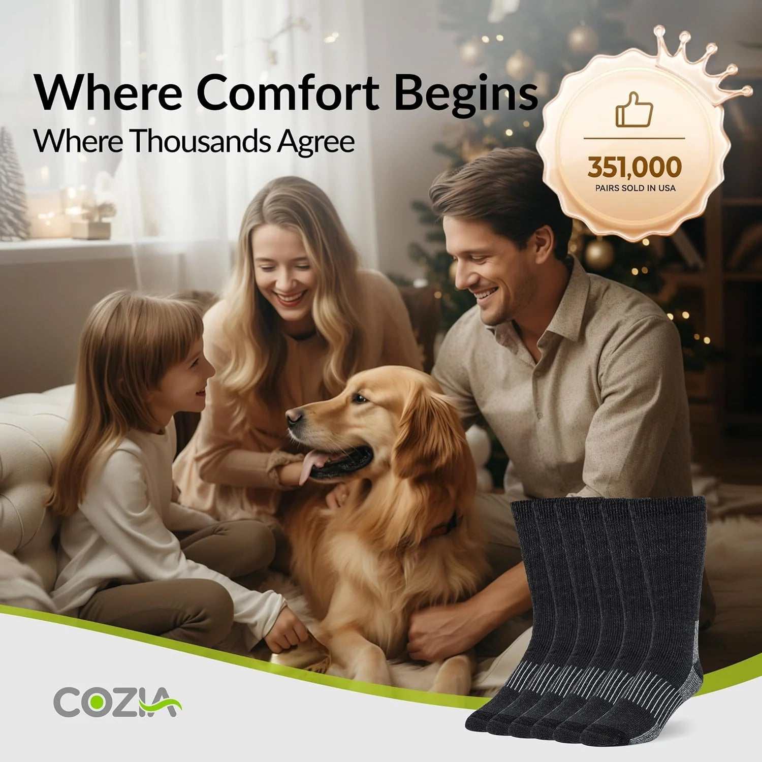 Family enjoying cozy moments at home with Cozia merino wool socks and a golden retriever.