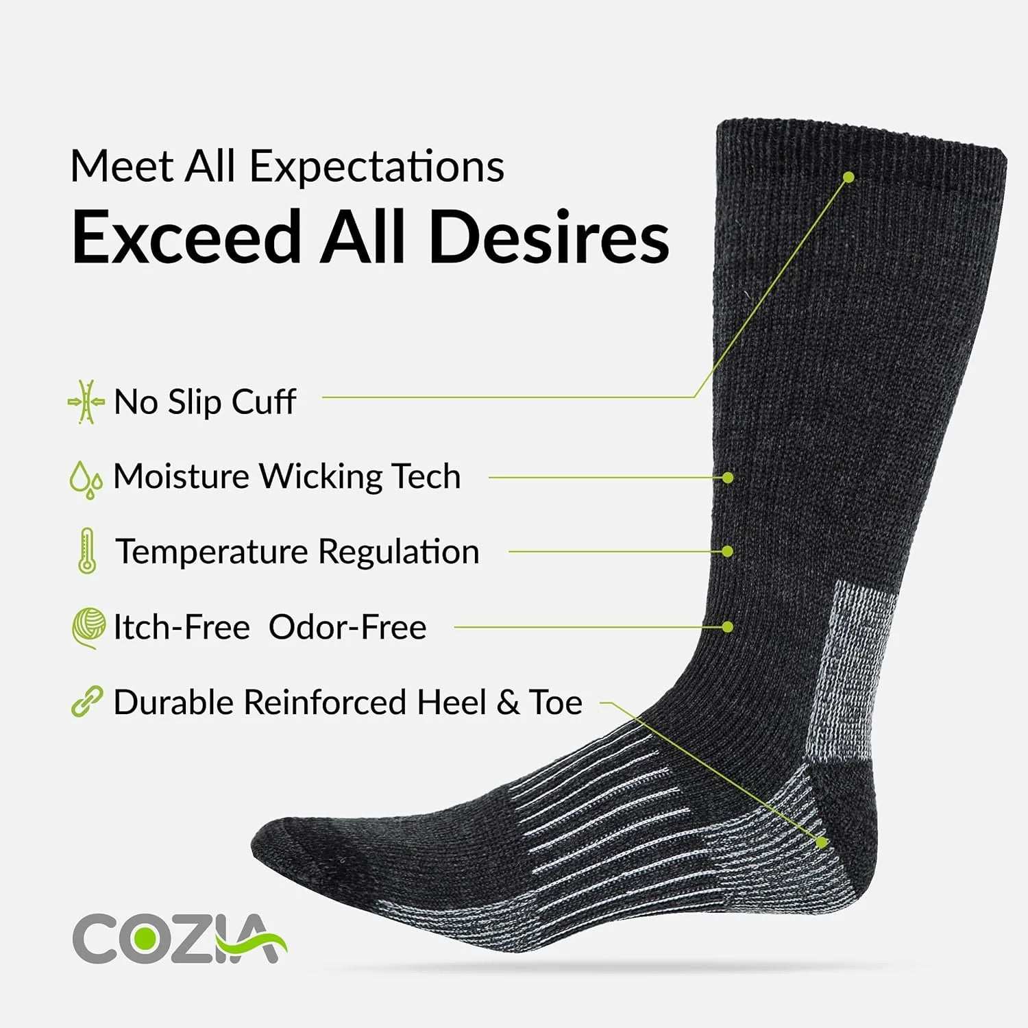 Cozia merino wool socks featuring no slip cuff, moisture wicking, temperature regulation, and durable reinforced heel & toe.
