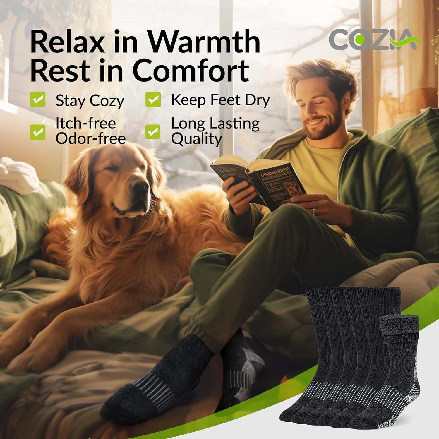 Cozy Cozia merino wool socks keeping feet warm with a man reading next to a dog, highlighting comfort and warmth.