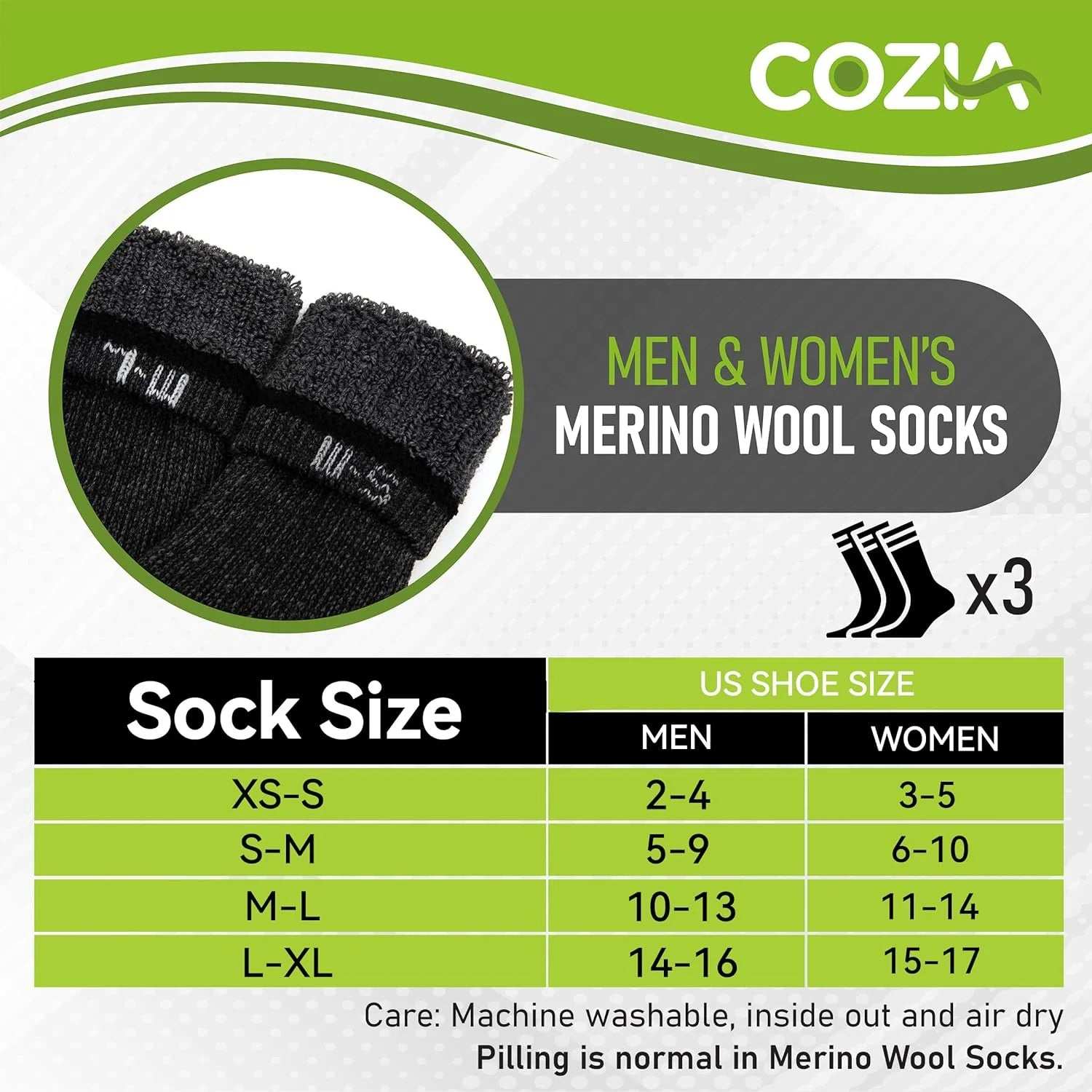 Cozia merino wool socks size chart for men and women showing US shoe sizes XS-XL.