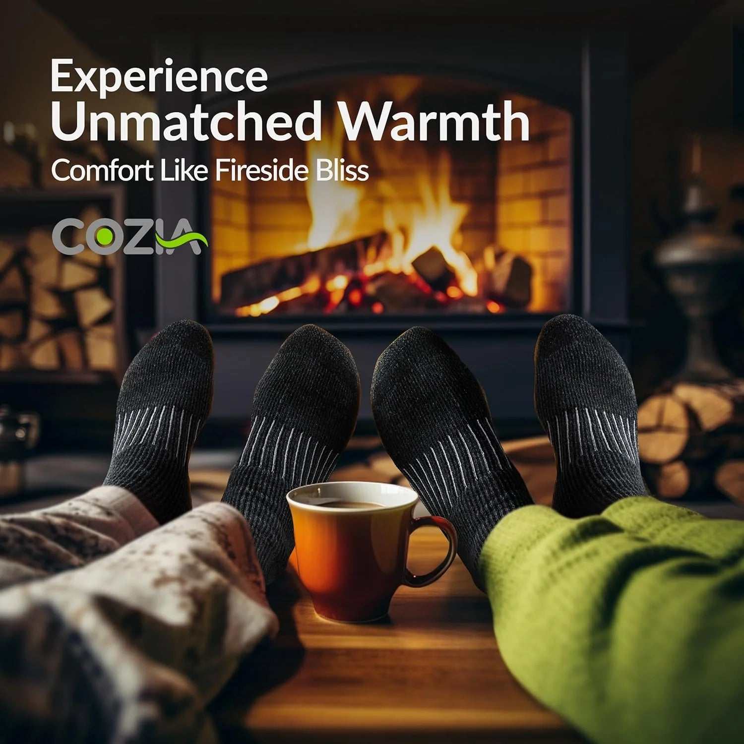 Cozy merino wool socks keep feet warm by the fireplace with a cup of coffee, showcasing ultimate winter comfort.