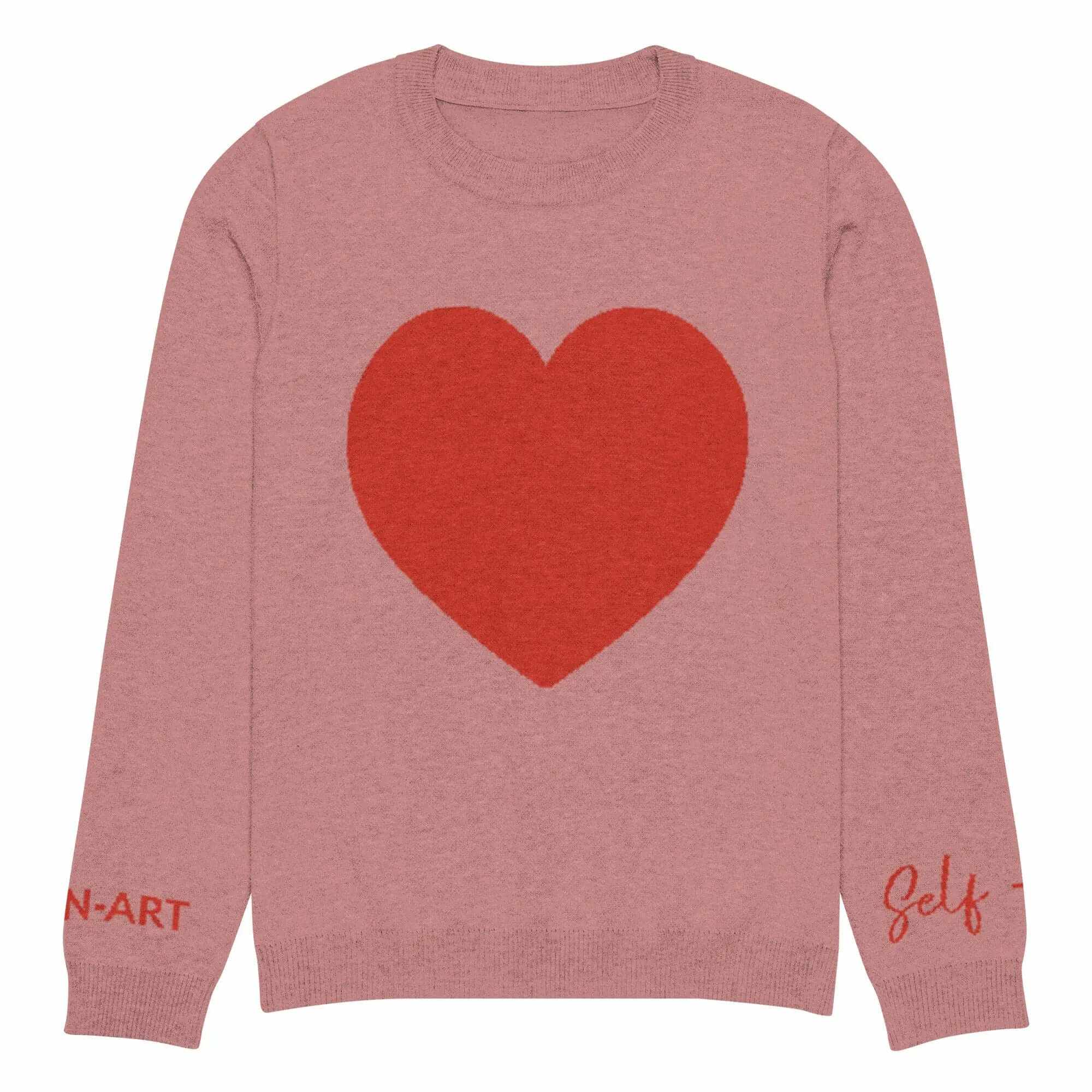Cozy Coral Heart Knit Crewneck Sweater with large heart design, unisex fit, perfect for casual or dressed-up occasions.