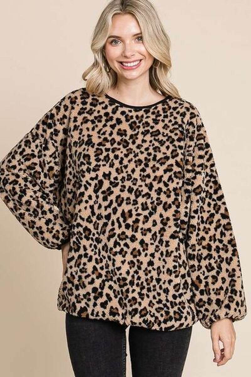 Cozy Culture Code Leopard Faux Fur Top, round neck, stylish leopard print, perfect for chic outfits.